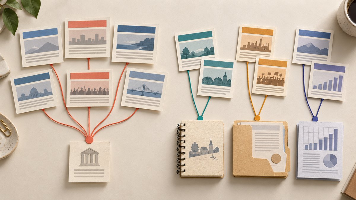 News cards connected to one shared upstream source alongside separate document and original-reporting paths