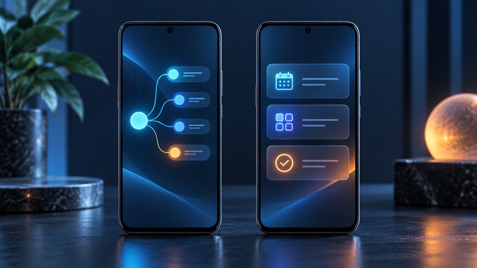 هاتفان Android بتصميم تصوري يوضحان مسار عمل متفرعاً مقابل بطاقات مهام منظمة بخلفية كحلية وسماوية