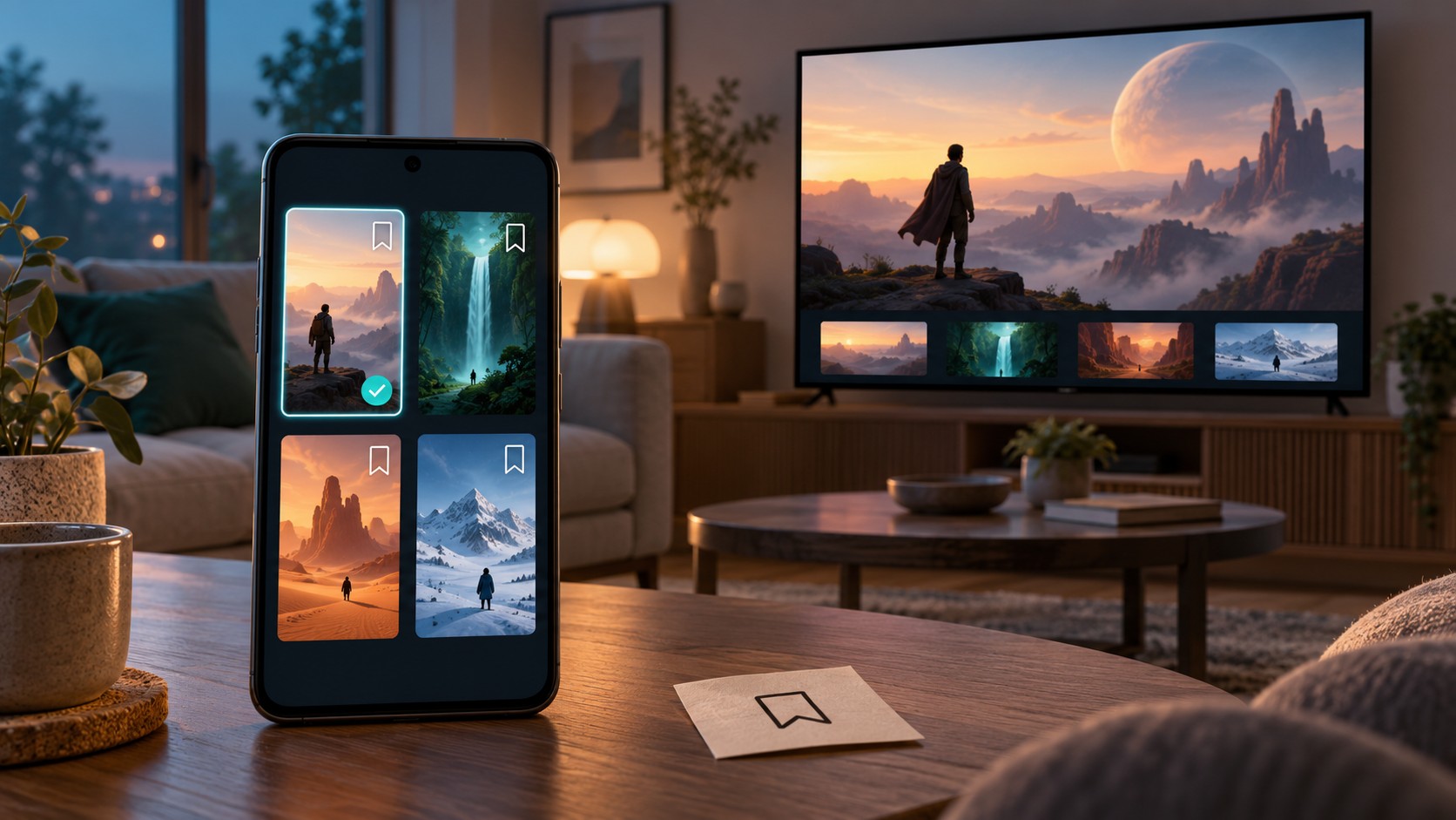 Upright phone with abstract landscape film cards, bookmarks, and a selected-card checkmark beside a TV showing a landscape film frame and thumbnail row in a warm evening living room