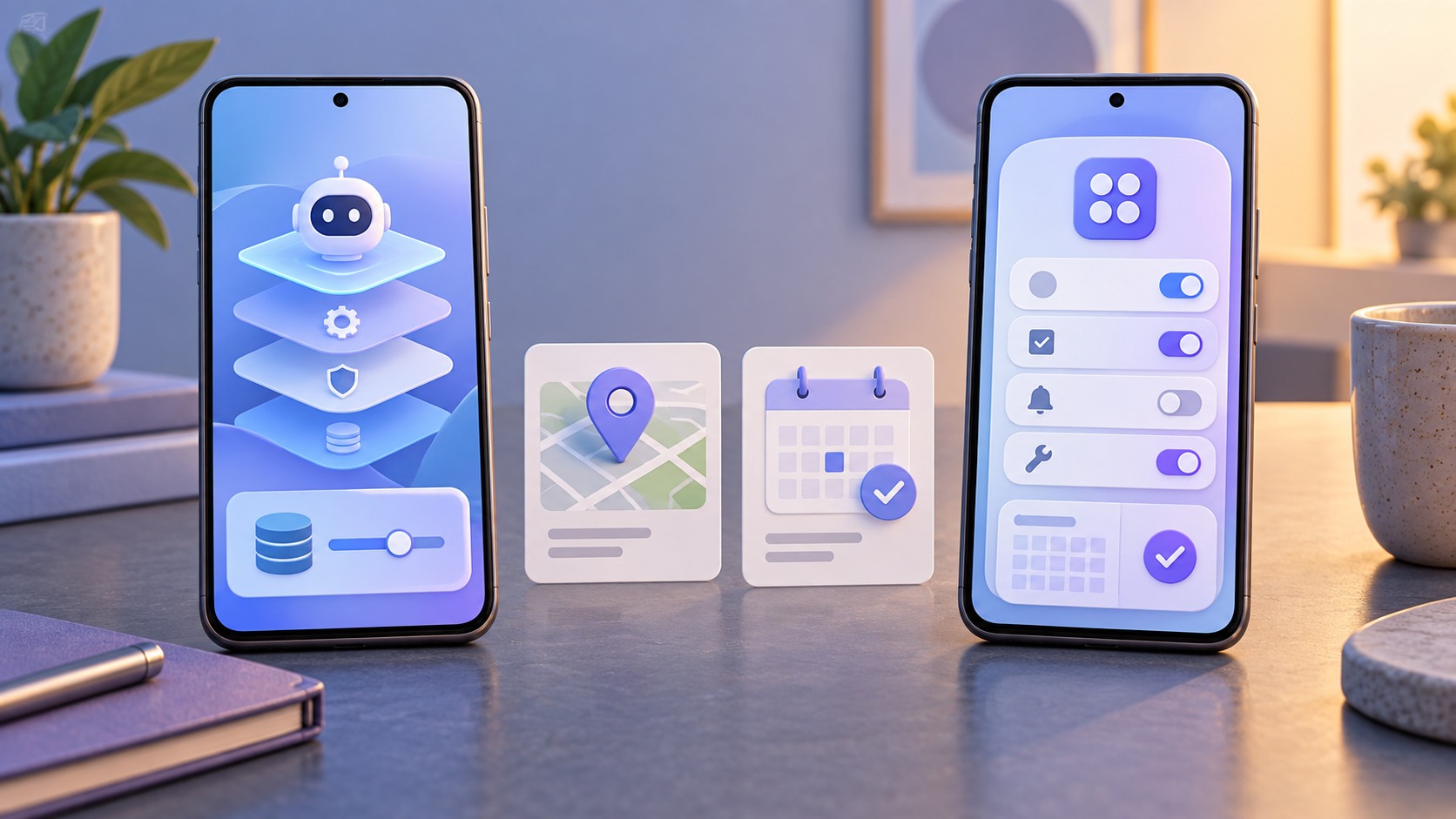 Conceptual illustration comparing an integrated Flyme phone assistant with a separate Android app handling a reviewed calendar follow-up