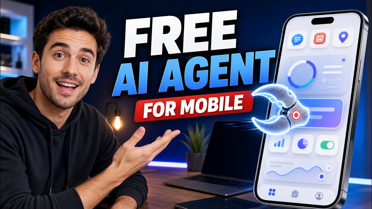 YouTube-Cover mit einem Presenter neben einer großen Smartphone-Illustration und den Worten „Free AI Agent for Mobile“