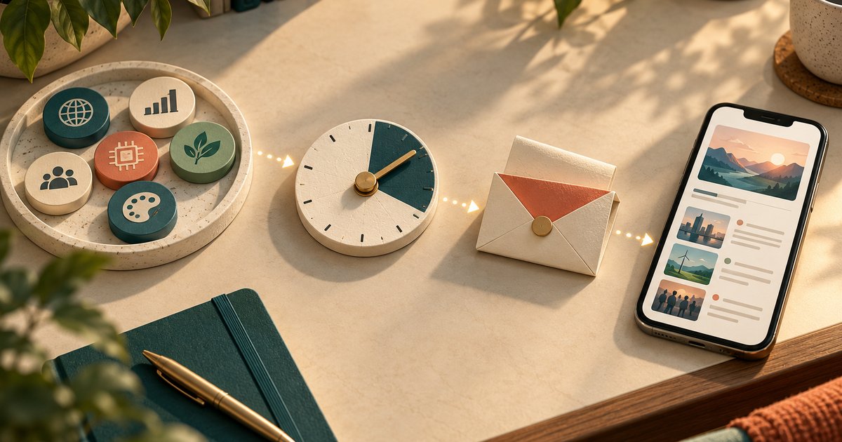 Topic tokens, a clock and an envelope beside a phone briefing.