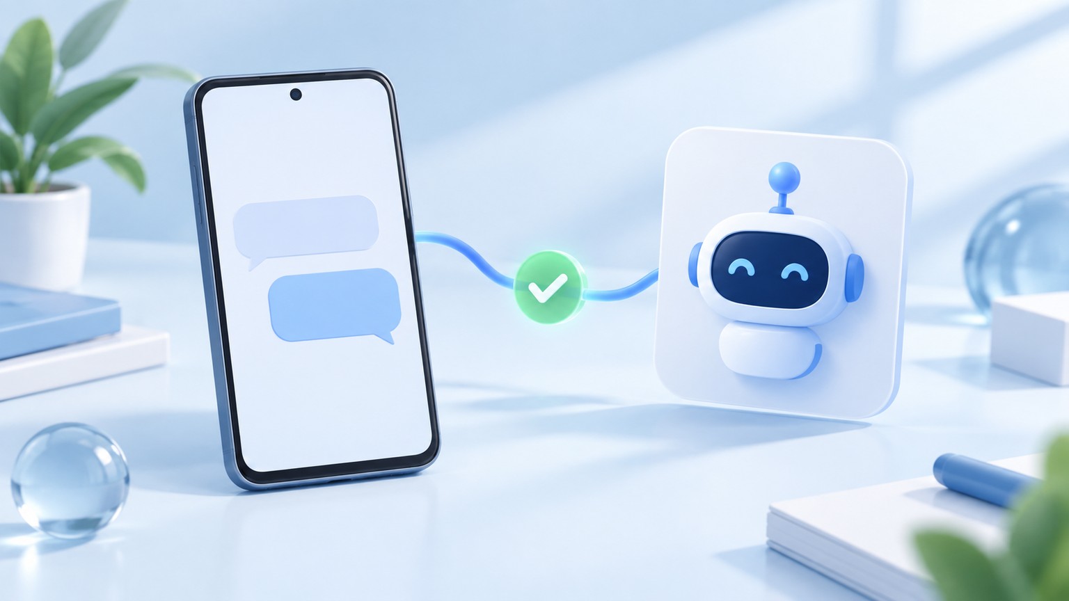 Generic illustration of a phone with empty chat bubbles, a bot card, and a connection check mark