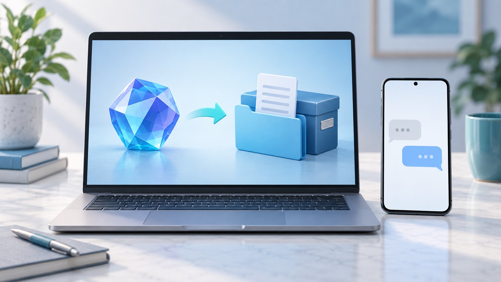 Conceptual file migration with folders and an archive on a laptop beside an Android phone