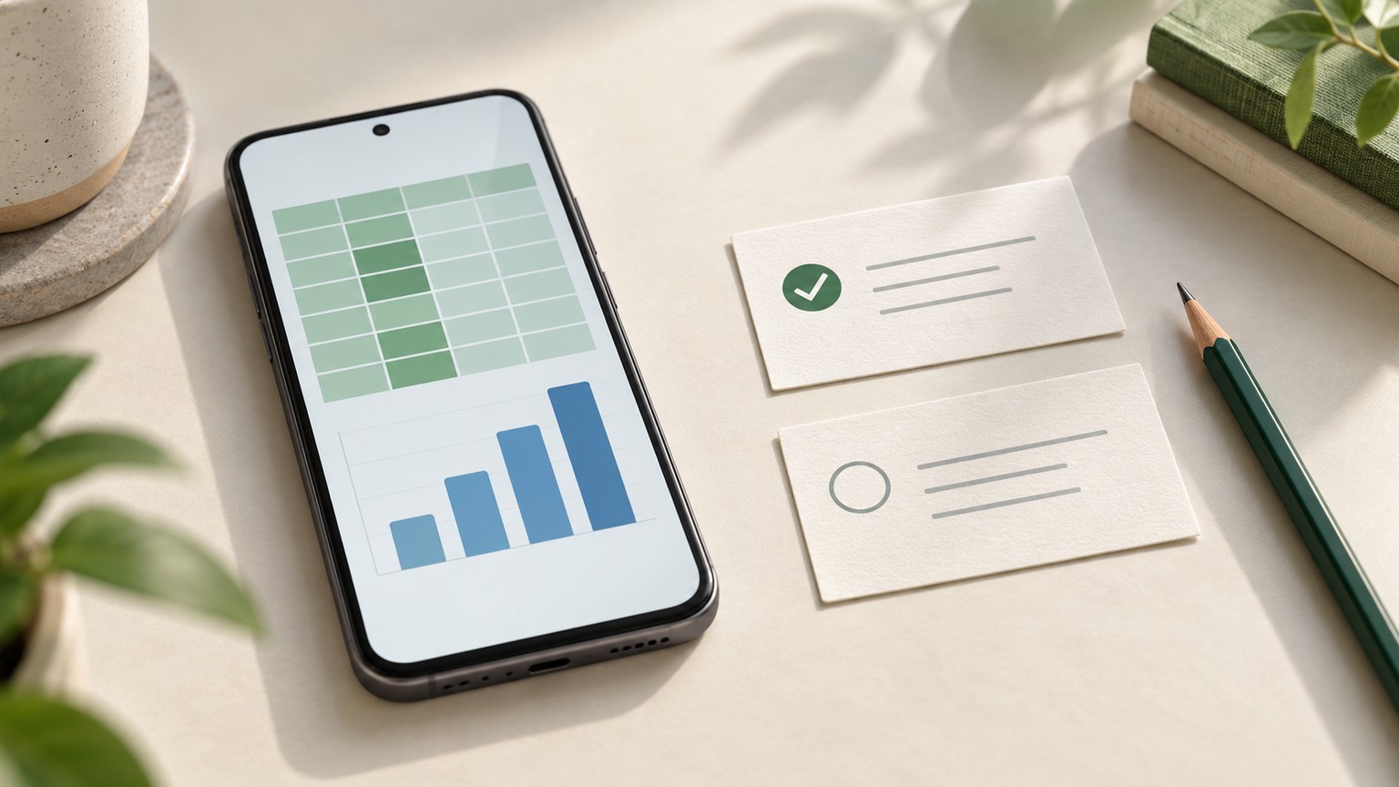Ilustración conceptual de un teléfono Android con una hoja de cálculo, análisis de datos y una tarea separada lista para guardarse