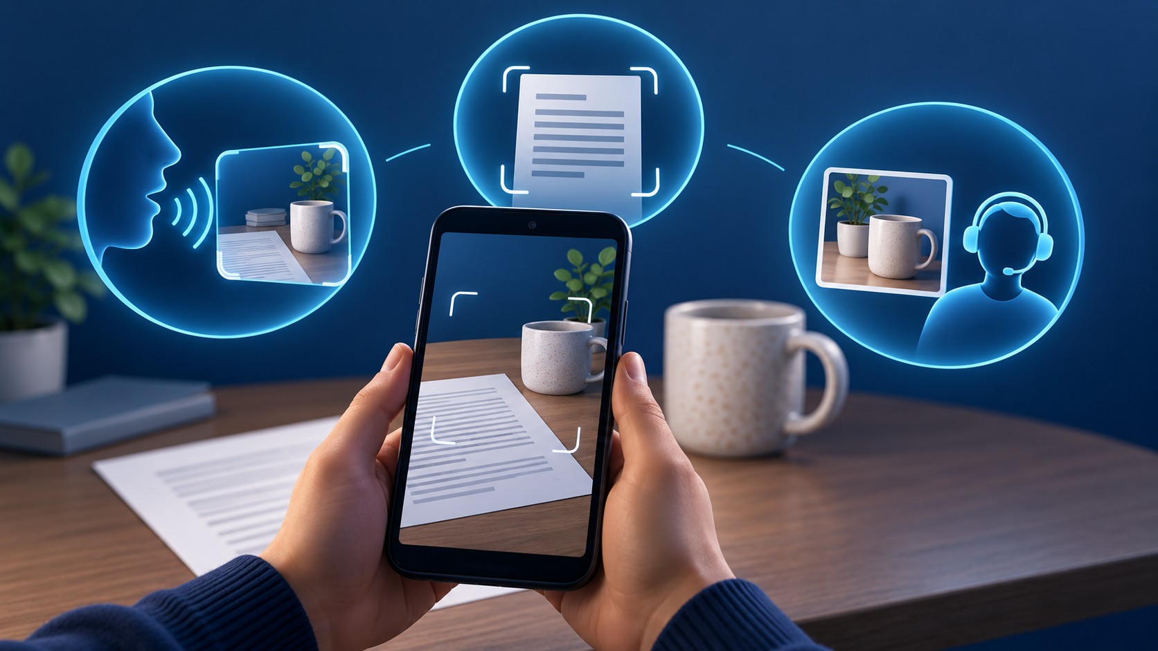 Illustration zur visuellen Unterstützung mit Android: Kamerabeschreibung, Texterkennung und Fragen zu Bildern