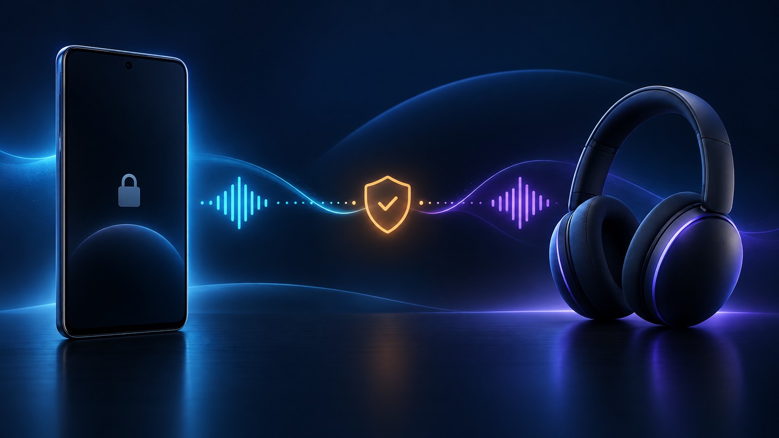 Locked unbranded Android phone beside Bluetooth headphones, with an audio wave and shield checkpoint showing controlled assistant access
