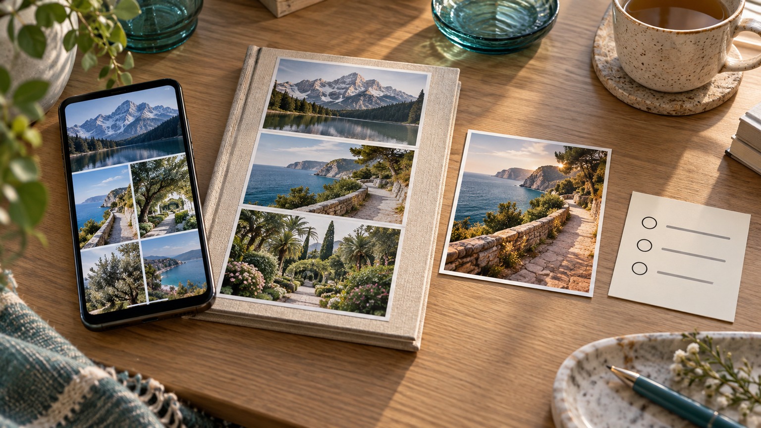 Teléfono sin marca con una cuadrícula de fotos de paisaje, un álbum físico de paisajes, una copia costera mejorada y una tarjeta de lista de tareas en blanco sobre un escritorio