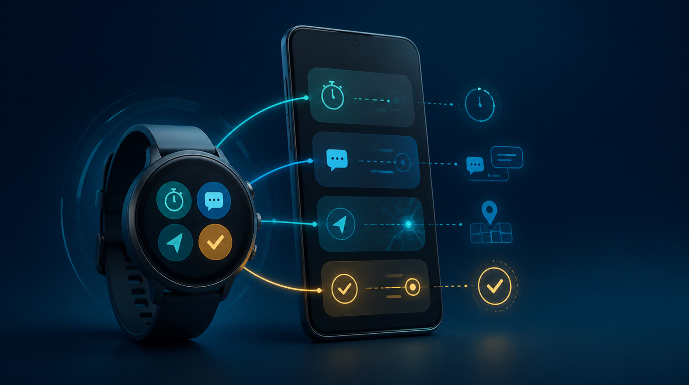 Wear-OS-Uhr mit Gemini-Anfrage, gekoppeltem Android-Smartphone und geregeltem FoneClaw-Handoff