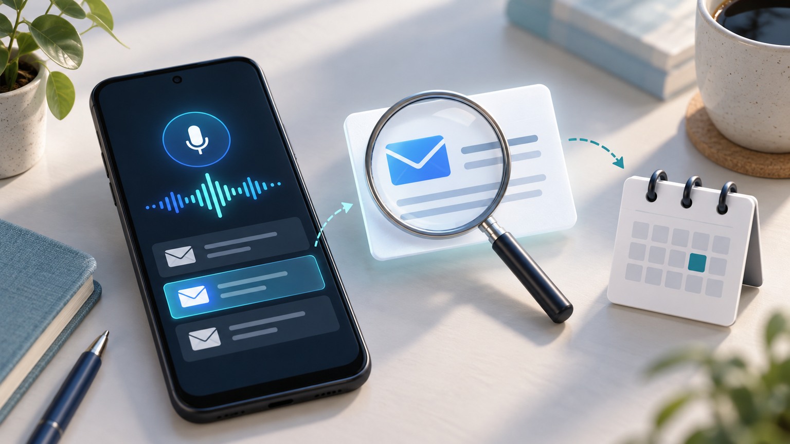 هاتف Android غير مميز بعلامة تجارية مع موجة ميكروفون وثلاث بطاقات بريد مجردة، وبطاقة محددة تحت عدسة مكبرة وتقويم فارغ منفصل