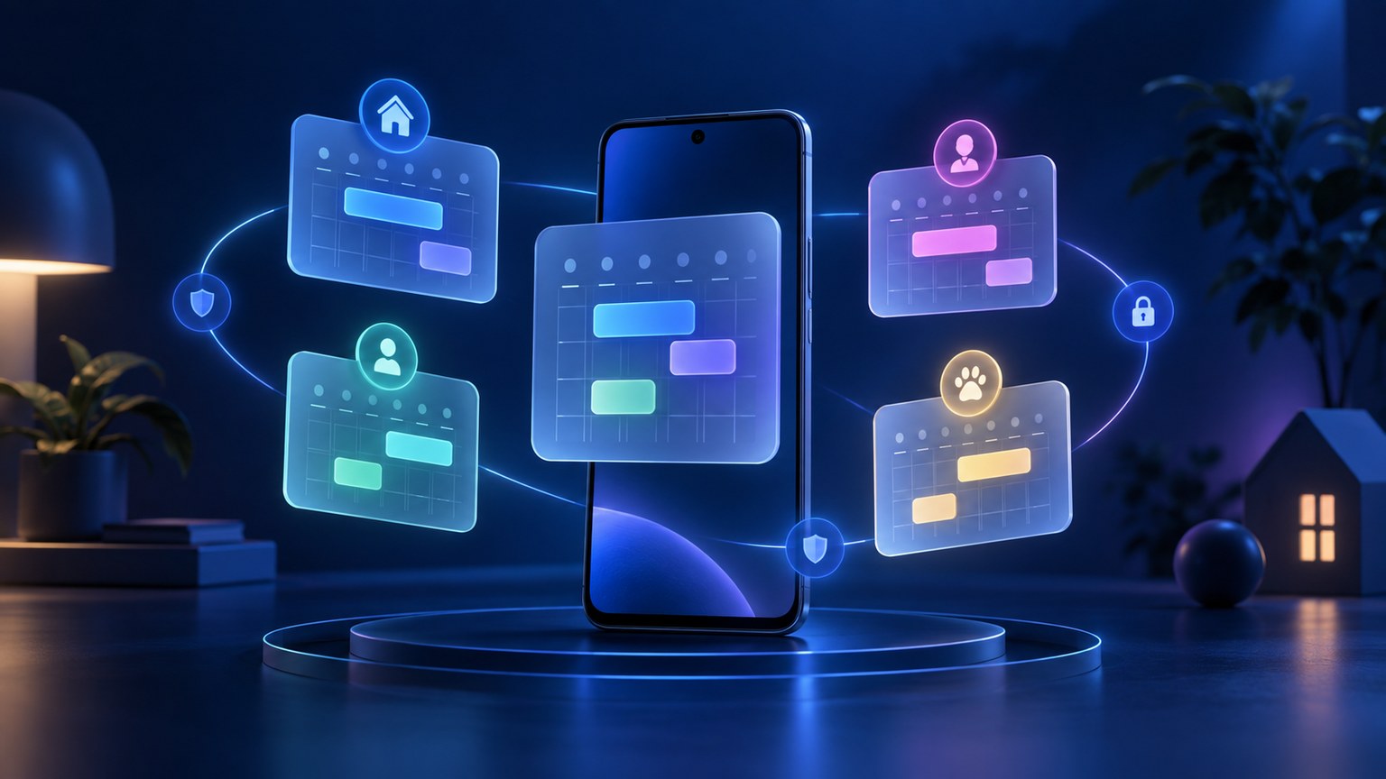 عائلة تنظم تقويمًا مشتركًا وملفات مختارة عبر وكيل ذكاء اصطناعي مع شاشة أذونات على هاتف Android