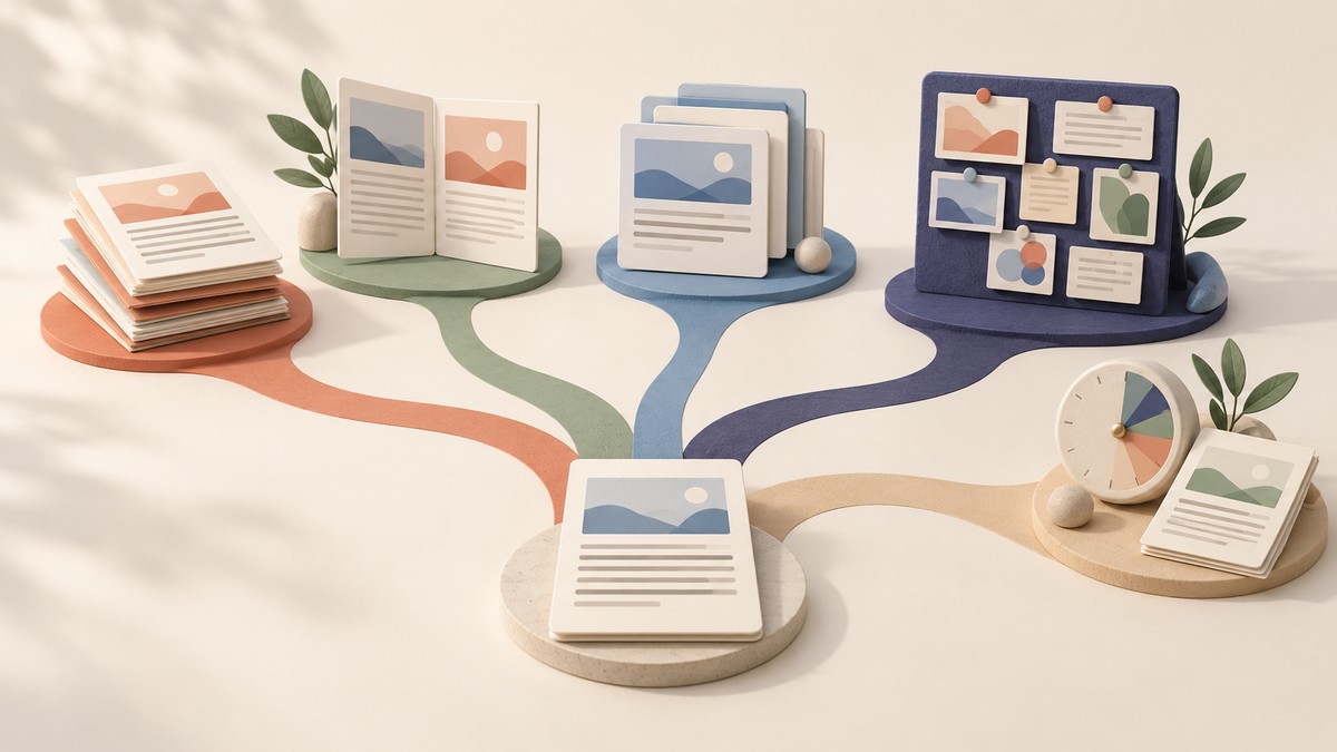Branching editorial reading paths with distinct abstract source cards and a small schedule dial