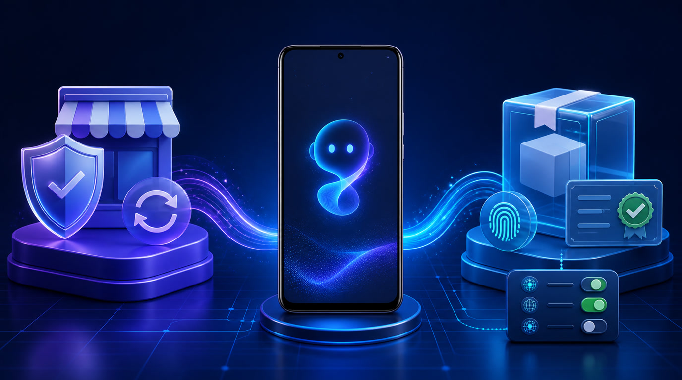 Android AI agent distribution choice showing Google Play, verified direct APK, publisher identity, signing, updates, and permissions