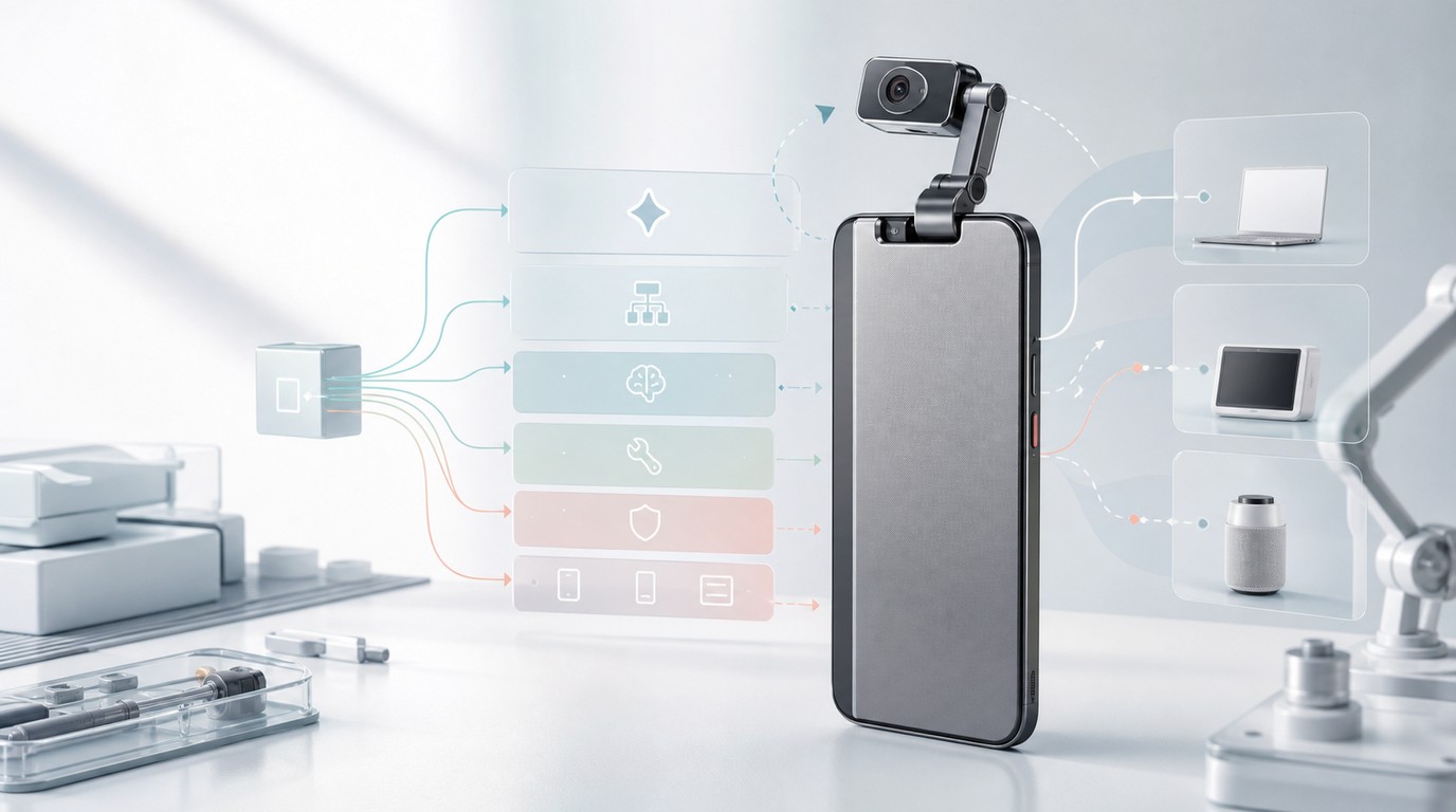HONOR Robot Phone mit beweglicher Kamera neben einem Android-Smartphone mit Software-Phone-Agent