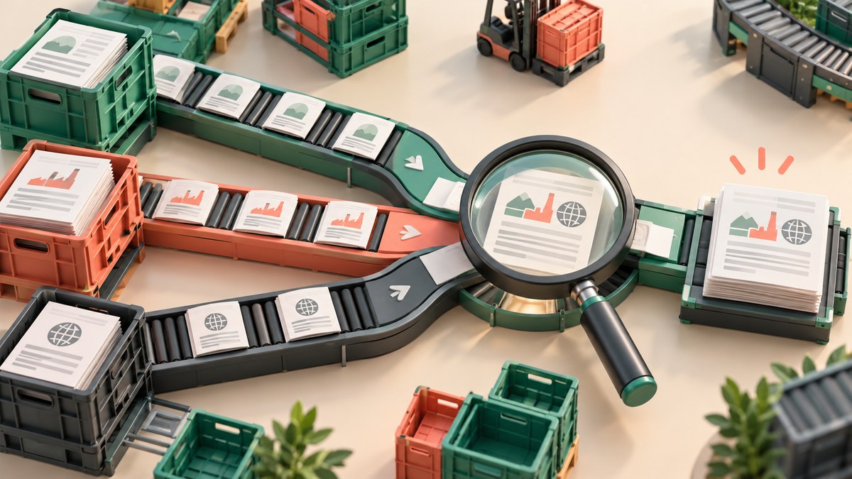 Miniatur-Logistikzentrum für Mehrwegverpackungen von oben mit kleinen Kisten, Förderband und drei Papierbericht-Strömen zu einer Lupe, in Jade und Koralle auf elfenbeinfarbener Fläche