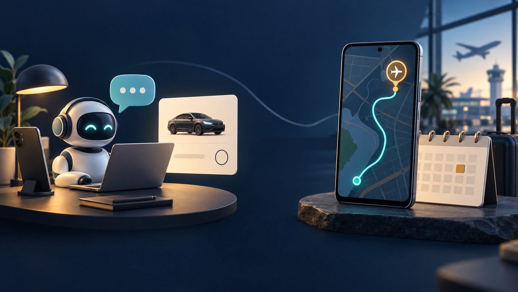 Schaubild eines Assistenten mit eigenen Geräten neben einem Smartphone, das eine Flughafenroute anzeigt