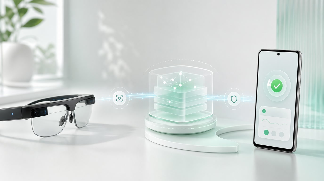 Livis AI glasses sending a voice request through an agent runtime to a governed Android phone action layer
