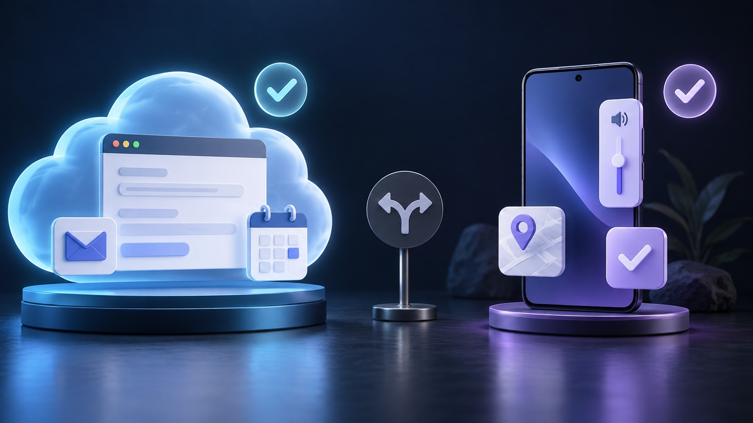 Ilustración conceptual con un navegador en la nube junto a un dispositivo Android, tarjetas de tarea, correo, volumen y controles de aprobación