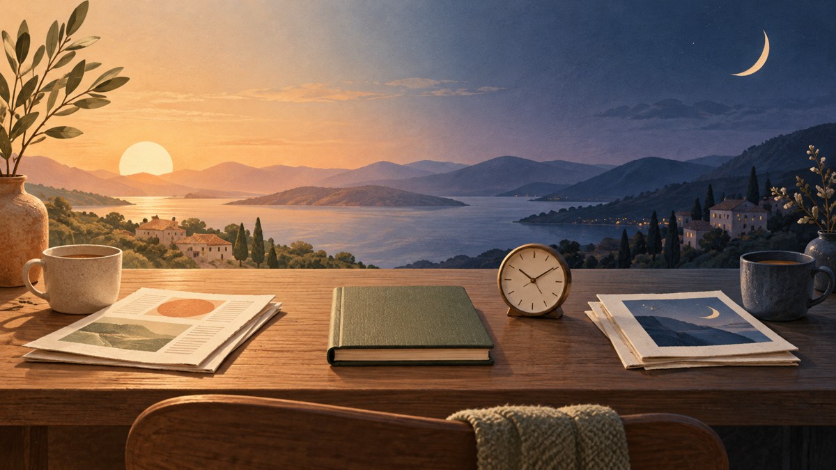 A calm reading desk with sunrise and moonlight accents, two compact briefing stacks, and a closed journal