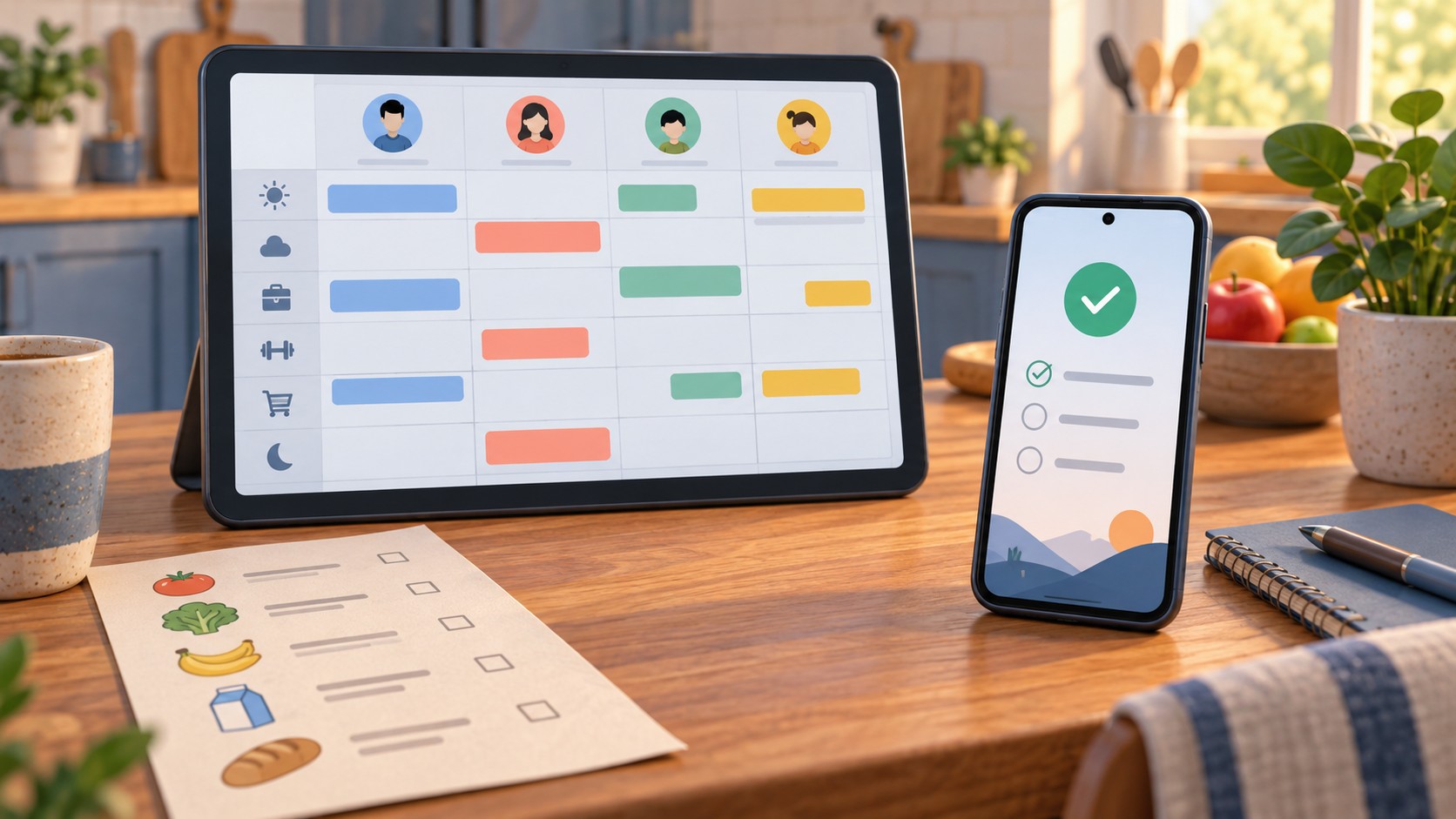 Conceptual illustration contrasting a shared household planning display with a personal phone task list