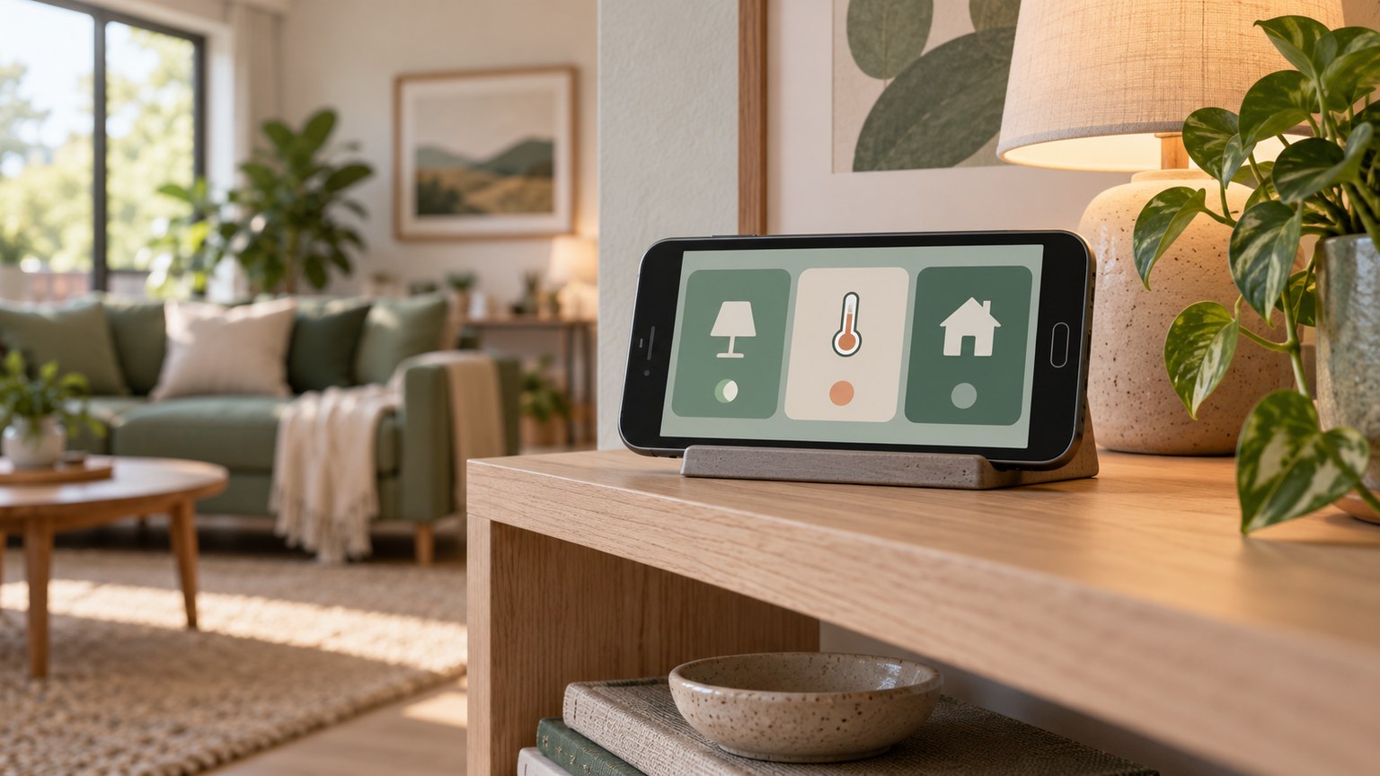 Konzeptionelle Darstellung eines alten Android-Smartphones auf einem Ständer mit einem Home-Assistant-Dashboard für Raumtemperatur, Beleuchtung und Fensterstatus