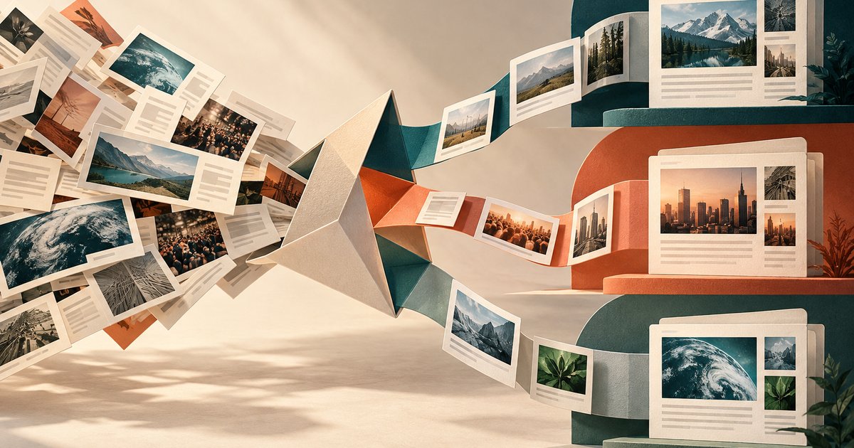 A prism organizes news fragments into alternative reading paths.