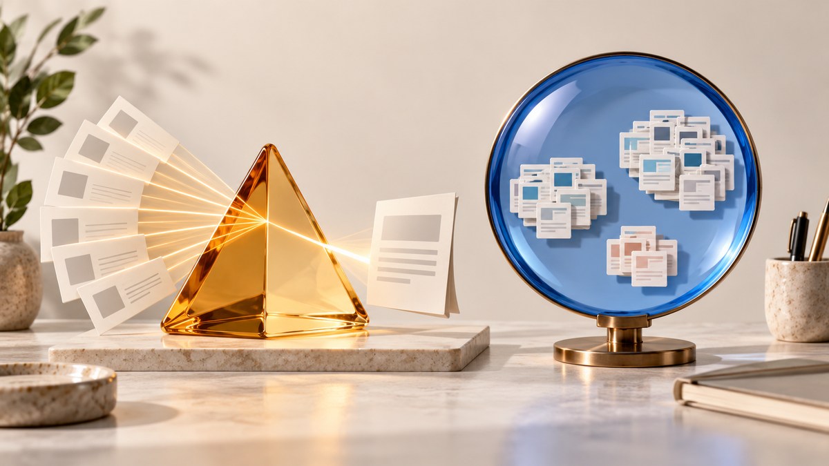 An amber prism condenses paper story cards into one clear sheet while a cobalt lens reveals unequal clusters of source cards on an ivory sculptural desk
