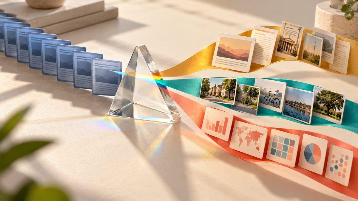 A prism separating repeated news cards into different evidence paths