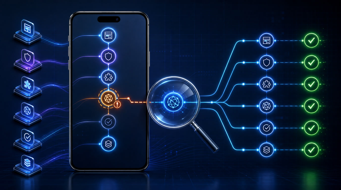 Android phone-agent task timeline showing failure detection, root-cause analysis, permission recovery, safe retry, and result verification