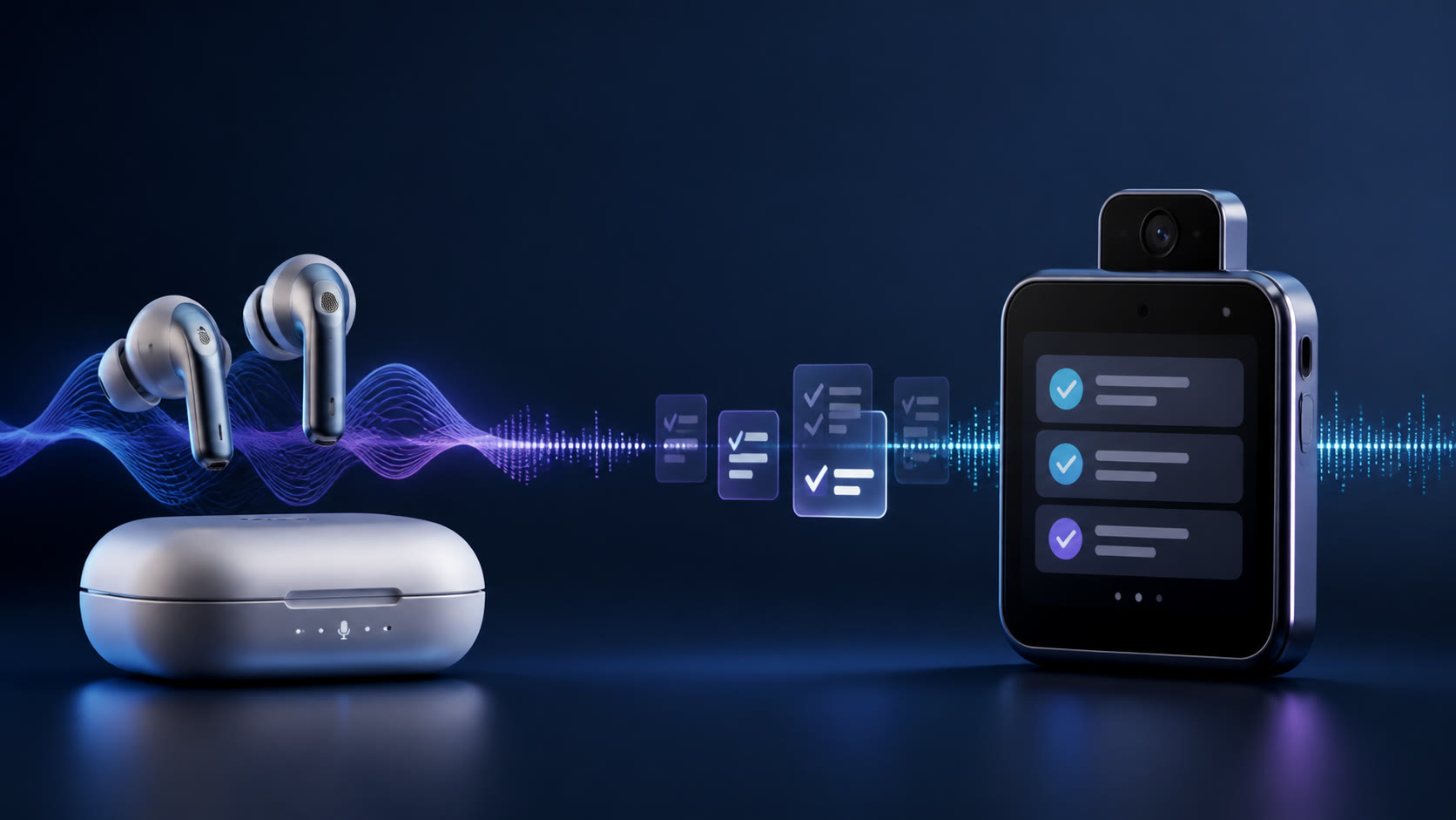 PLAUD One mit Ohrhörern und Aufnahme-Case neben dem Meydo C1 Pocket-AI-Phone mit Display, Flip-Kamera und sichtbarem Android-Agentenablauf