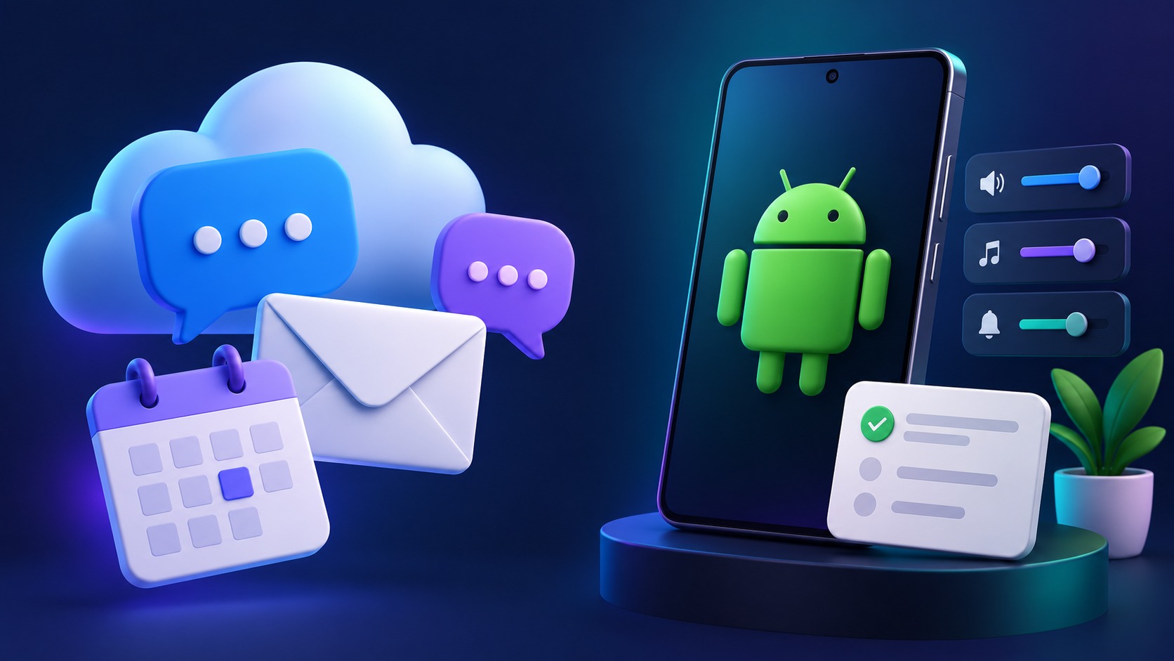 메시지 대화와 연결된 계정 작업, Android 휴대폰의 기기 작업을 나란히 보여 주는 개념 이미지