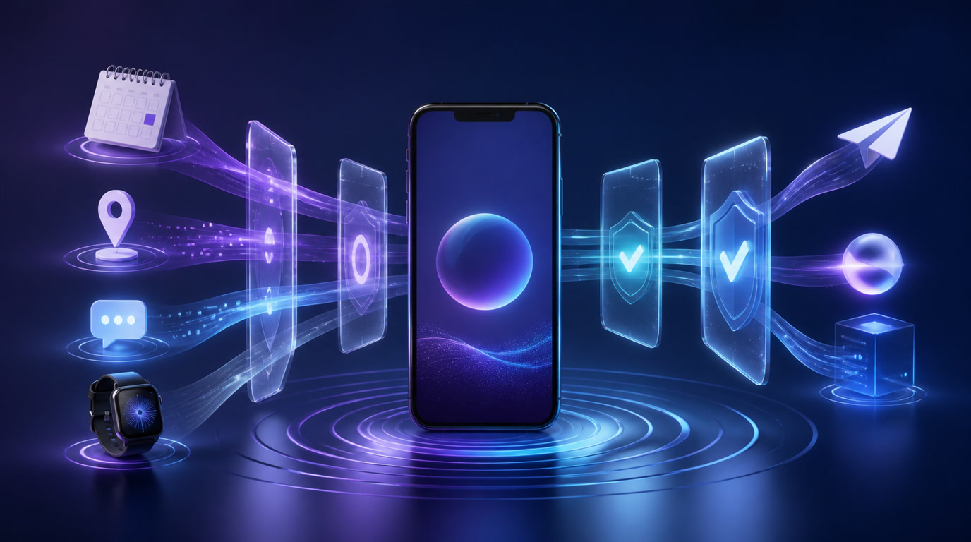 Proactive phone AI control framework showing triggers, permitted context, suggestions, approvals, wearable handoff, and user-controlled Android actions