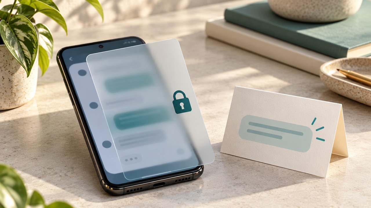 Conceptual Android phone handoff showing a pinned app, a protected conversation and a separate private app space