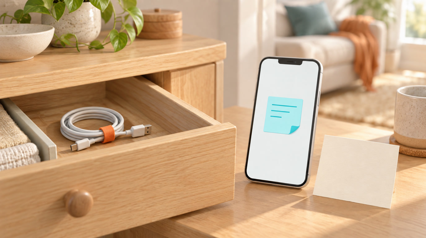 Unbranded smartphone beside a partially open household drawer with a spare cable and a plain note card in warm light