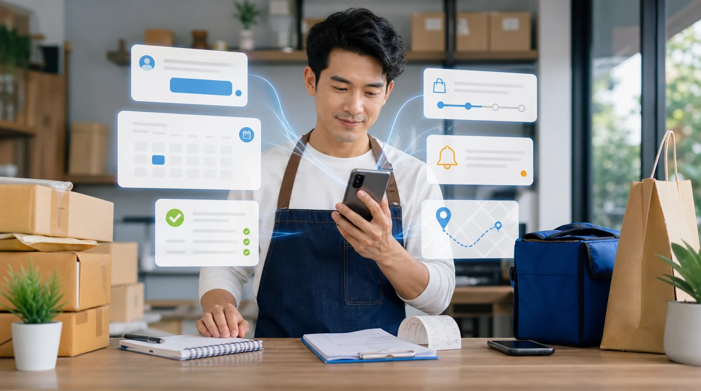 صاحب شركة صغيرة يستخدم هاتف Android مع FoneClaw لتنظيم الردود والمواعيد والطلبات