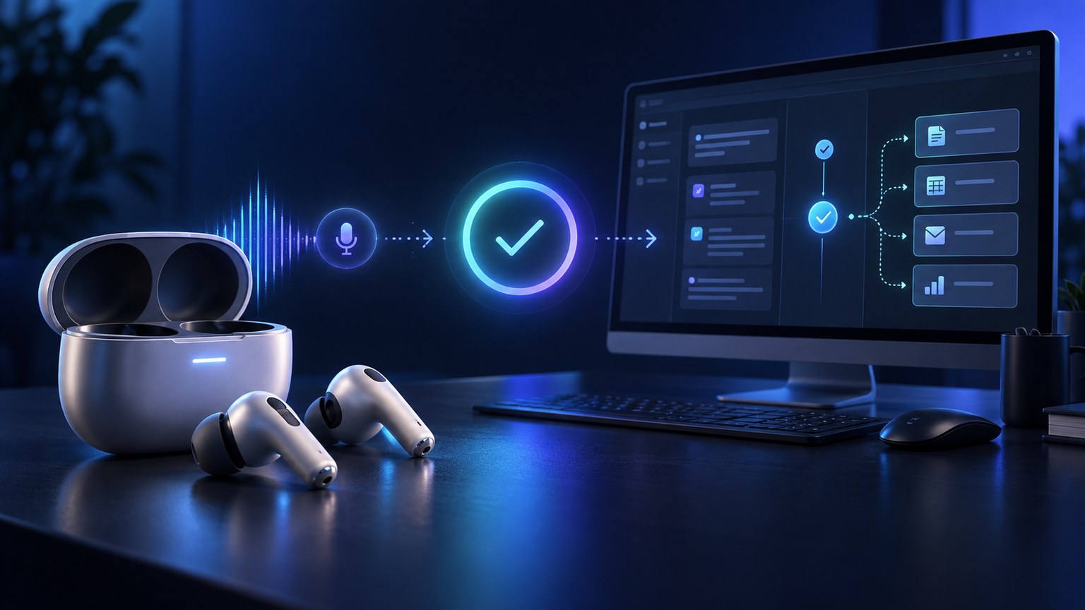 سماعات Viaim Rise مع علبة تسجيل وشاشة موافقة تعرض مهمة قبل تنفيذ إجراء خارجي