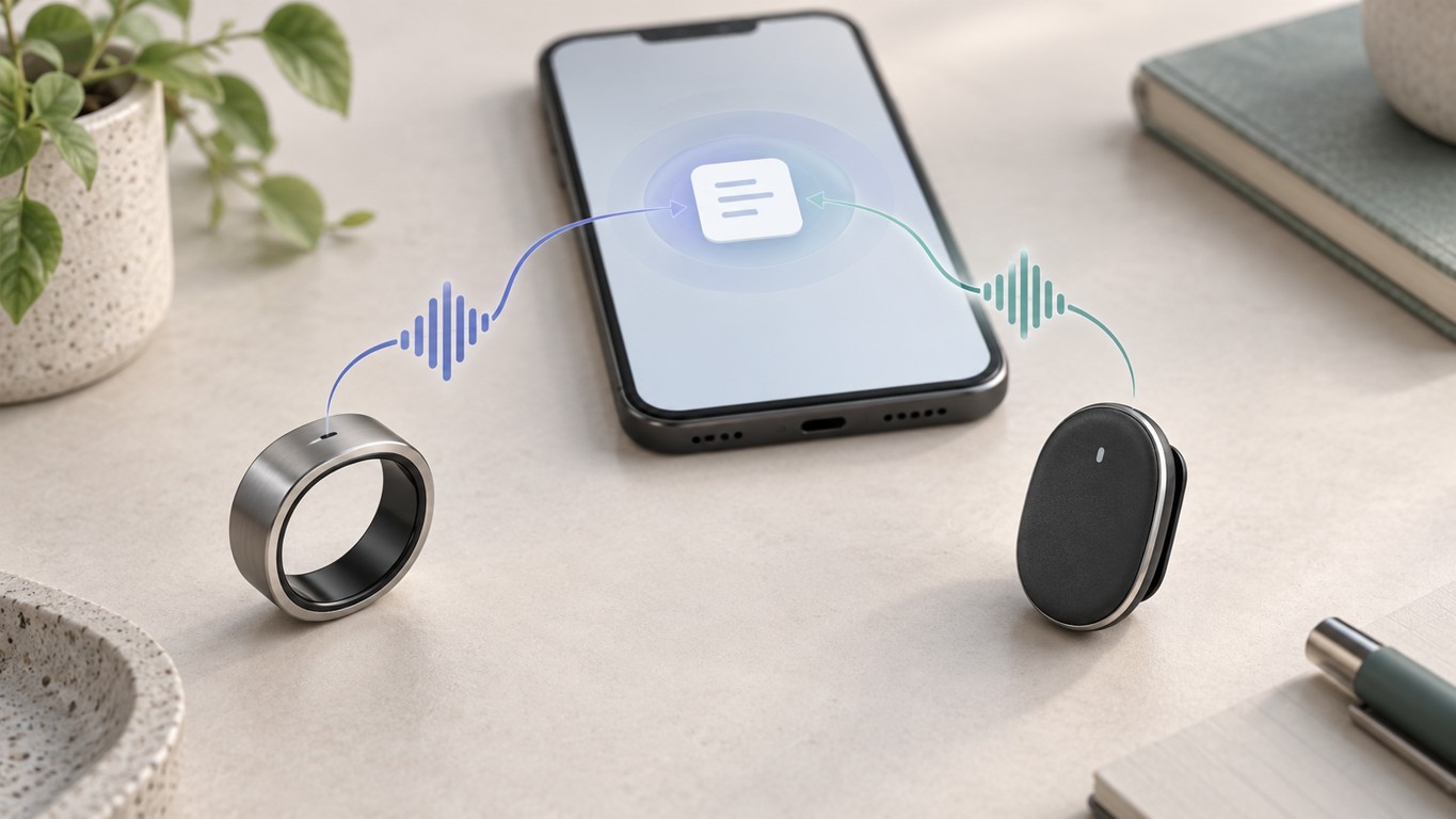 Ein Aufnahmering und ein Ansteckrekorder neben einem Android-Smartphone mit gespeicherter Sprachnotiz
