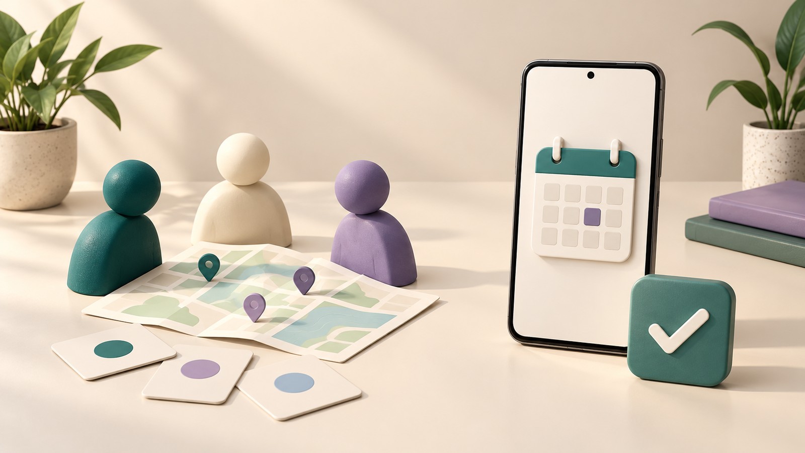Drei abstrakte Personenfiguren um eine Papierkarte und Abstimmungskarten, daneben ein unmarkiertes Smartphone mit Kalendersymbol und eine Häkchenkachel