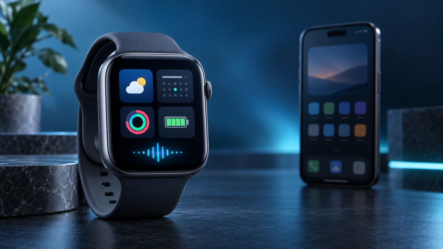 Neutrale Smartwatch mit Modulen für Wetter, Kalender, Aktivität, Akku und Sprachwelle sowie einem getrennt platzierten Smartphone im Hintergrund