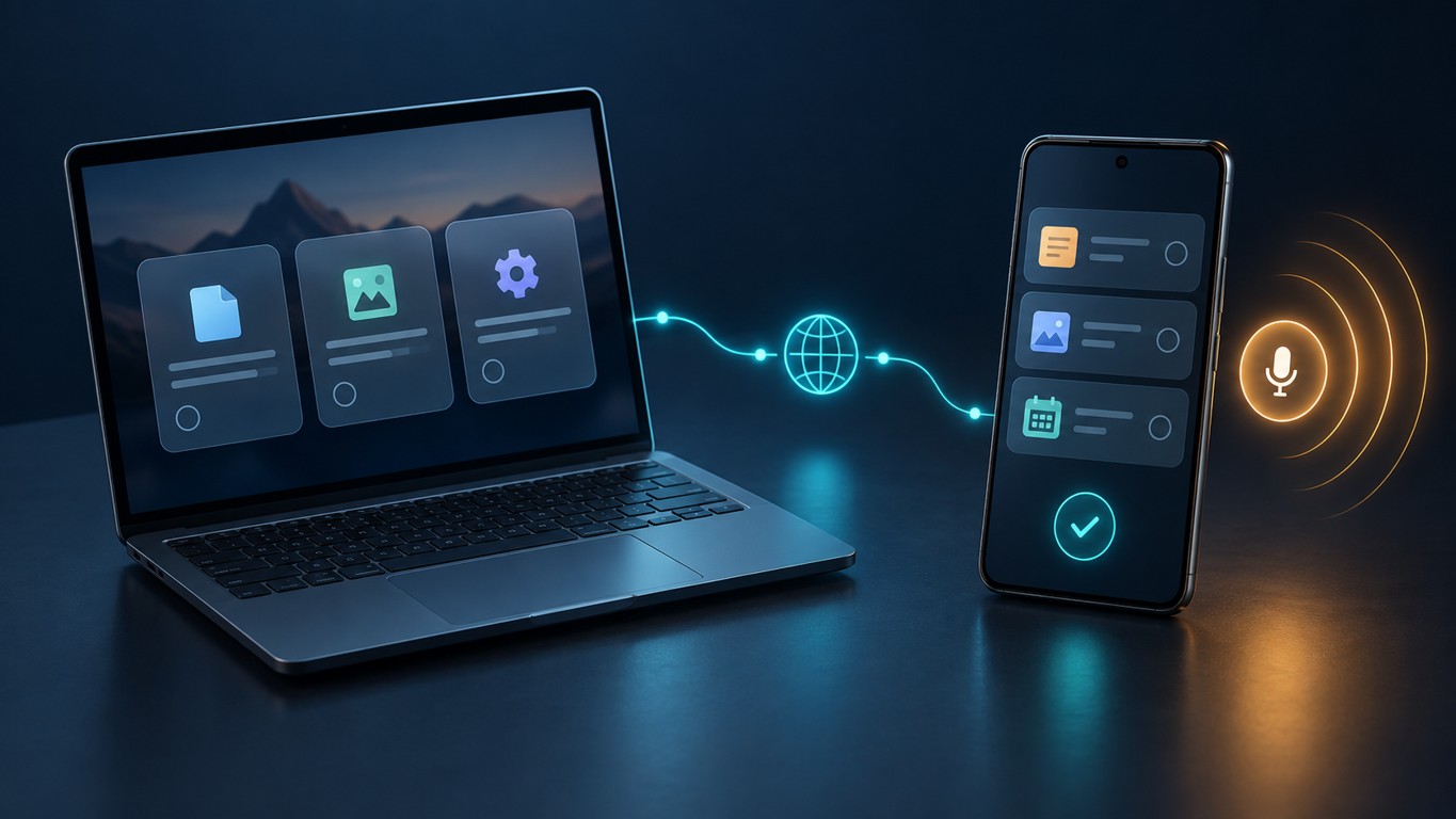 Desktop AI client connected to an Android phone alongside a separate phone-based voice assistant route